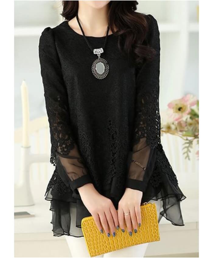 Long Sleeve Lace Panel Layered Black Blouse